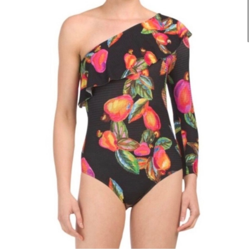 FARM Rio One-Shoulder Black Bodysuit with Vibrant Floral Fruit Print